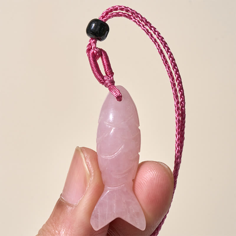 Wear FengShui Carving Koi Fish Pink Crystal Indian Agate Amethyst Warmth Prosperity Necklace Pendant
