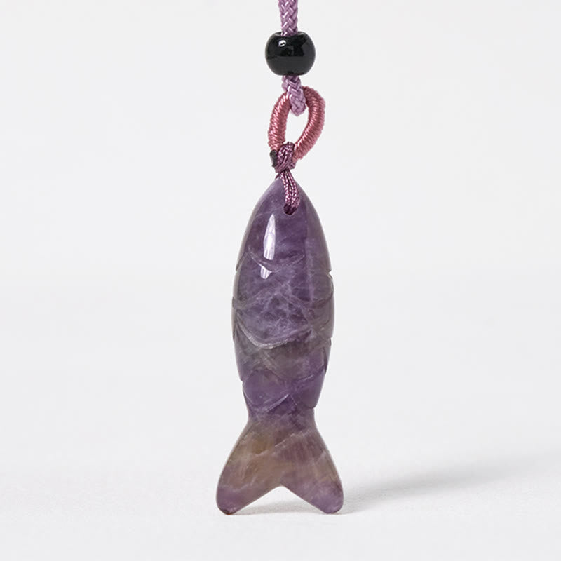 Wear FengShui Carving Koi Fish Pink Crystal Indian Agate Amethyst Warmth Prosperity Necklace Pendant