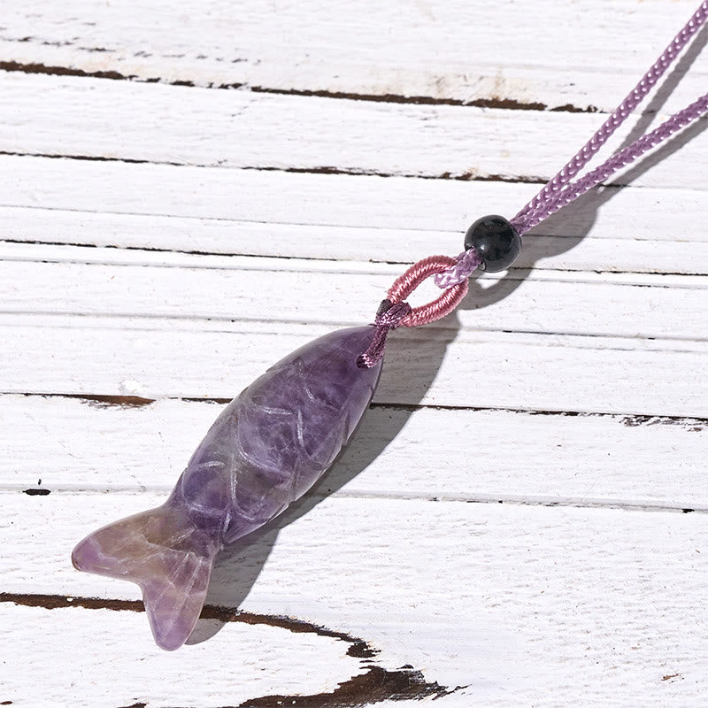 Wear FengShui Carving Koi Fish Pink Crystal Indian Agate Amethyst Warmth Prosperity Necklace Pendant