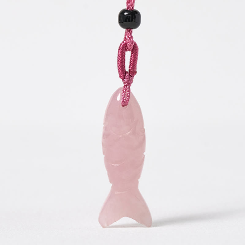 Wear FengShui Carving Koi Fish Pink Crystal Indian Agate Amethyst Warmth Prosperity Necklace Pendant