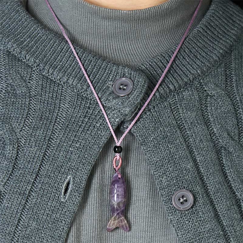 Wear FengShui Carving Koi Fish Pink Crystal Indian Agate Amethyst Warmth Prosperity Necklace Pendant