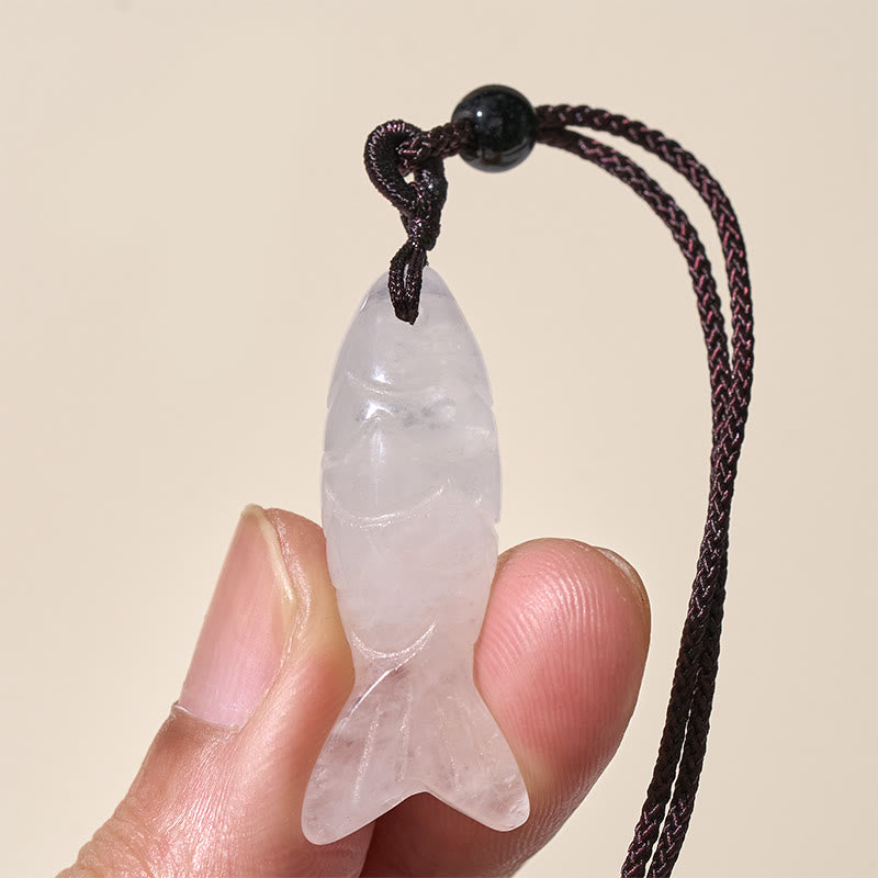 Wear FengShui Carving Koi Fish Pink Crystal Indian Agate Amethyst Warmth Prosperity Necklace Pendant