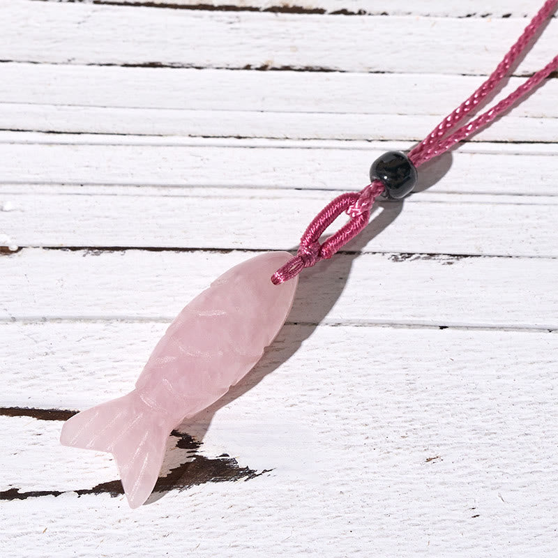Wear FengShui Carving Koi Fish Pink Crystal Indian Agate Amethyst Warmth Prosperity Necklace Pendant