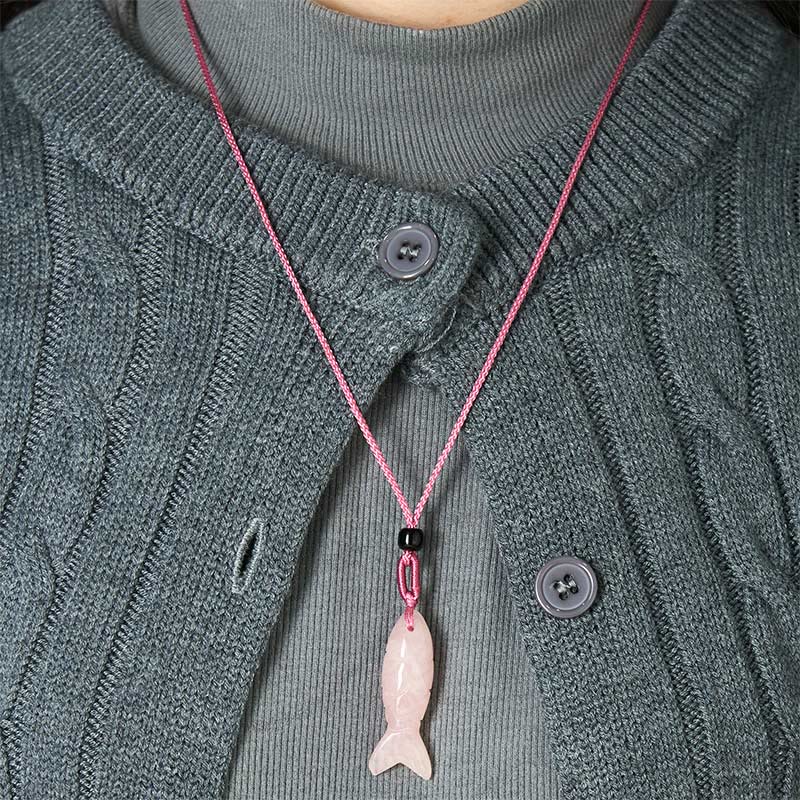 Wear FengShui Carving Koi Fish Pink Crystal Indian Agate Amethyst Warmth Prosperity Necklace Pendant