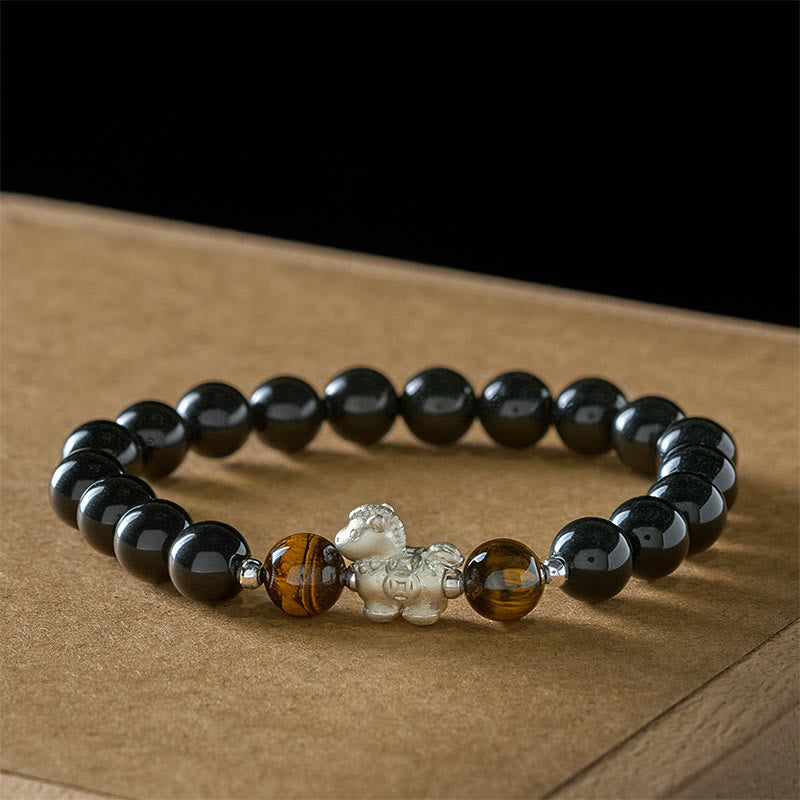 Wear FengShui Year Of The Horse 999 Sterling Silver Horse Charm Black Obsidian Tiger Eye Strength Bracelet