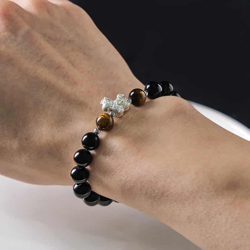 Wear FengShui Year Of The Horse 999 Sterling Silver Horse Charm Black Obsidian Tiger Eye Strength Bracelet