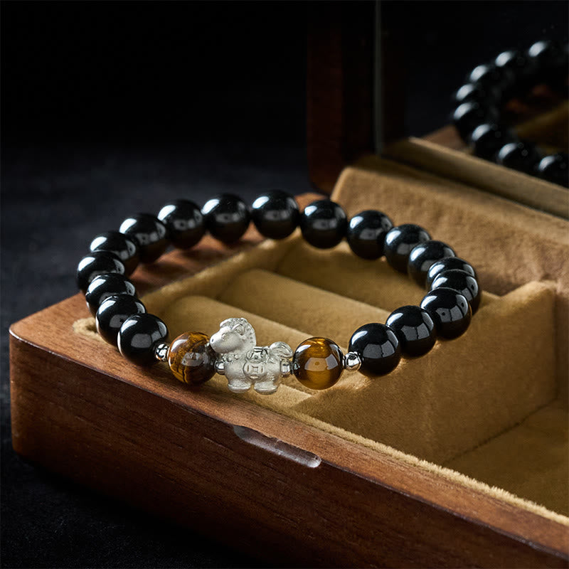 Wear FengShui Year Of The Horse 999 Sterling Silver Horse Charm Black Obsidian Tiger Eye Strength Bracelet