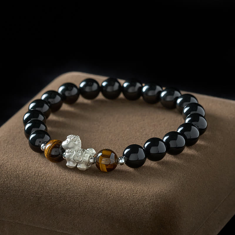 Wear FengShui Year Of The Horse 999 Sterling Silver Horse Charm Black Obsidian Tiger Eye Strength Bracelet