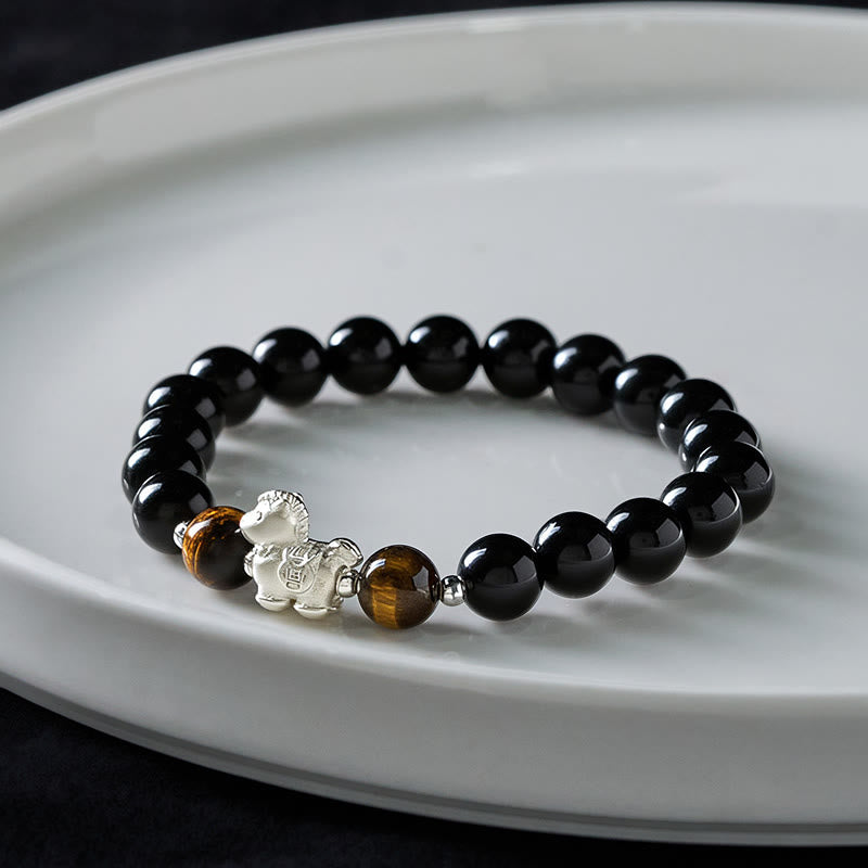 Wear FengShui Year Of The Horse 999 Sterling Silver Horse Charm Black Obsidian Tiger Eye Strength Bracelet