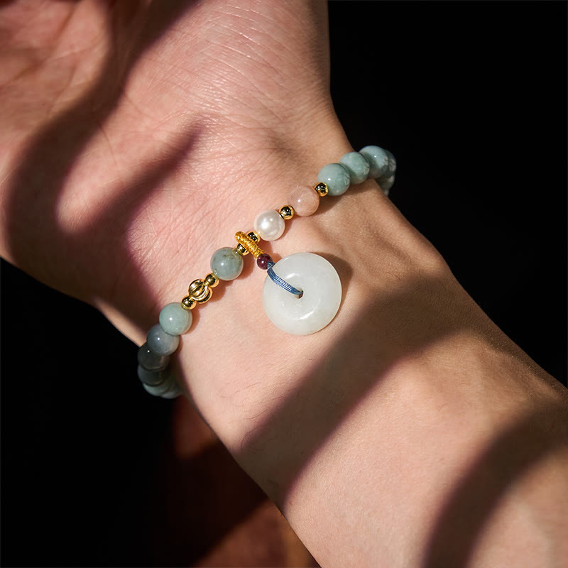 Wear FengShui Peace Buckle Jade Round Beaded Luck Auspicious Bracelet