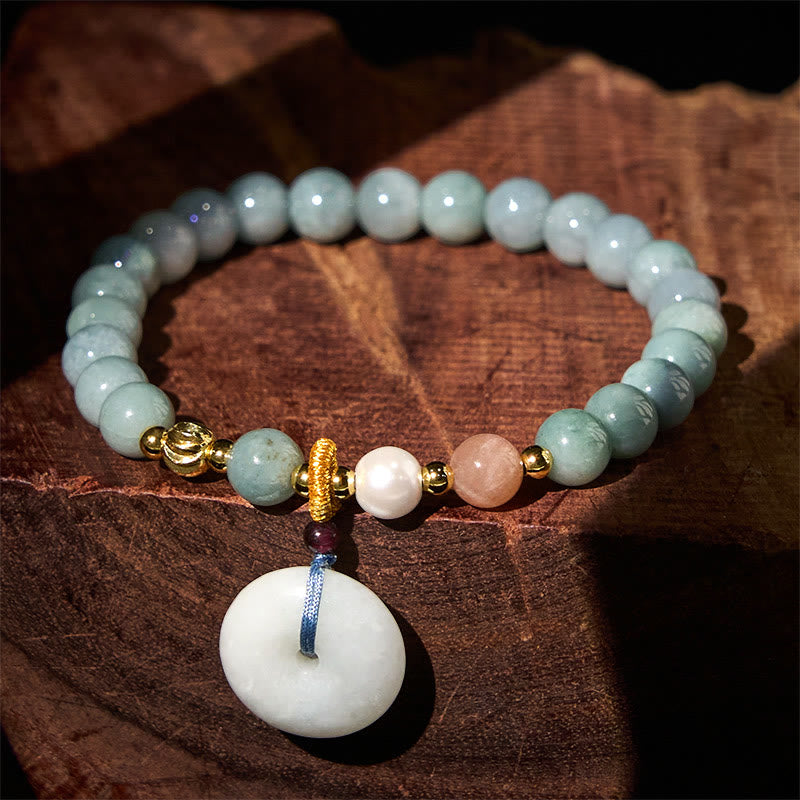 Wear FengShui Peace Buckle Jade Round Beaded Luck Auspicious Bracelet