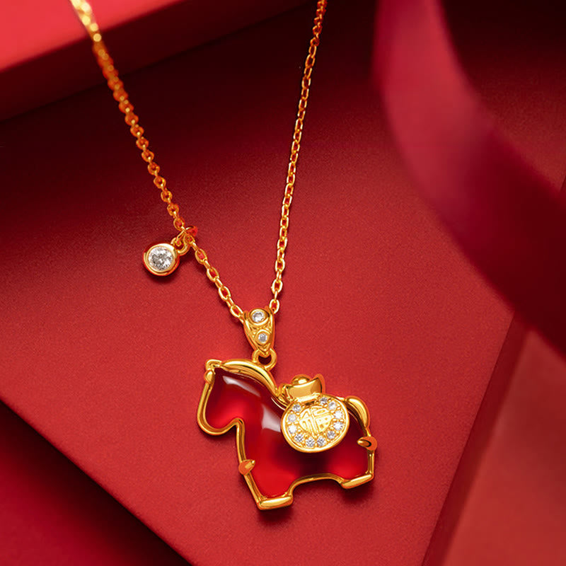 Wear FengShui Year Of The Horse Red Agate Fu Character Confidence Necklace Pendants