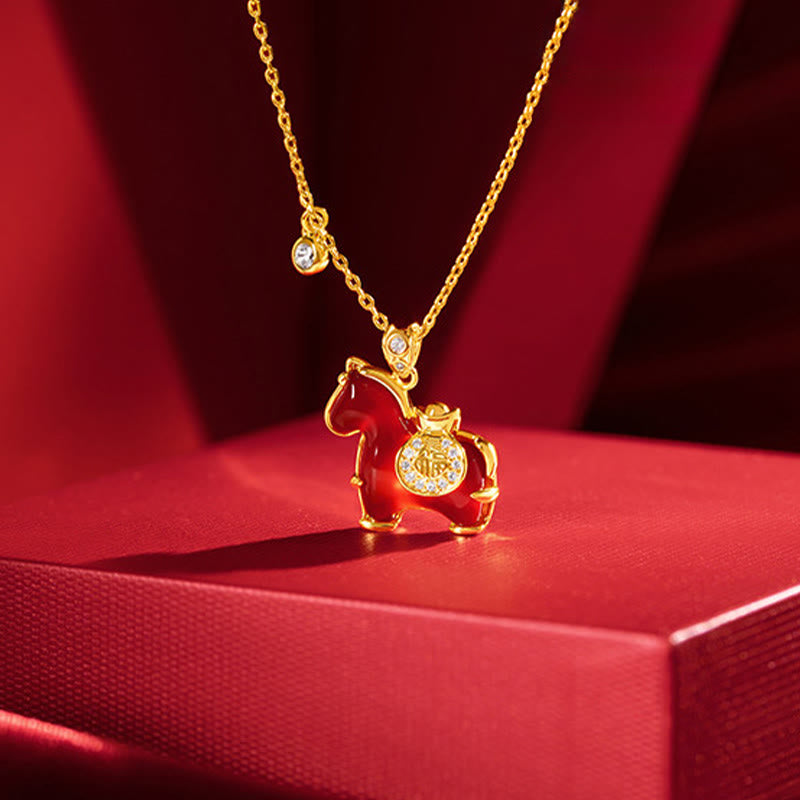 Wear FengShui Year Of The Horse Red Agate Fu Character Confidence Necklace Pendants