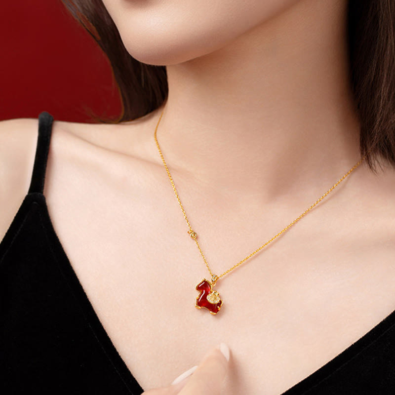 Wear FengShui Year Of The Horse Red Agate Fu Character Confidence Necklace Pendants