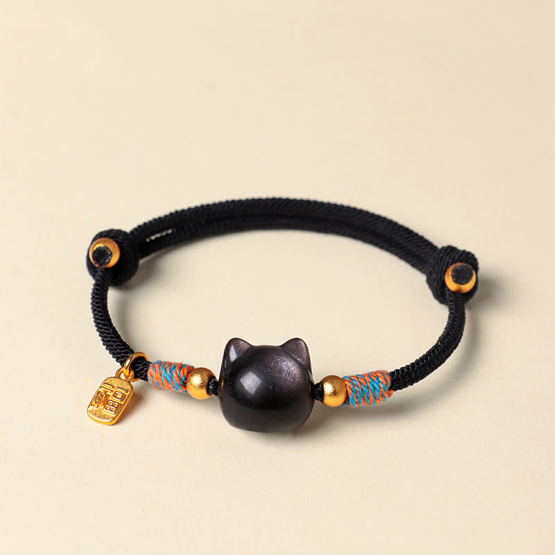 Wear FengShui Cat Fu Character Silver Sheen Obsidian Pink Crystal String Protection Bracelet