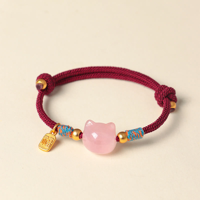 Wear FengShui Cat Fu Character Silver Sheen Obsidian Pink Crystal String Protection Bracelet