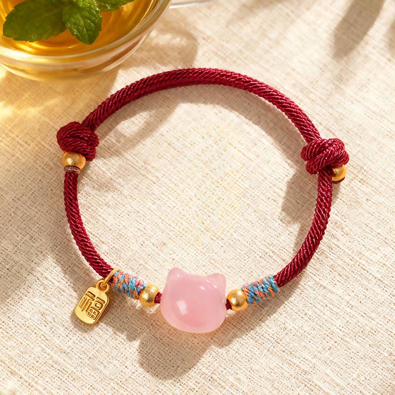 Wear FengShui Cat Fu Character Silver Sheen Obsidian Pink Crystal String Protection Bracelet