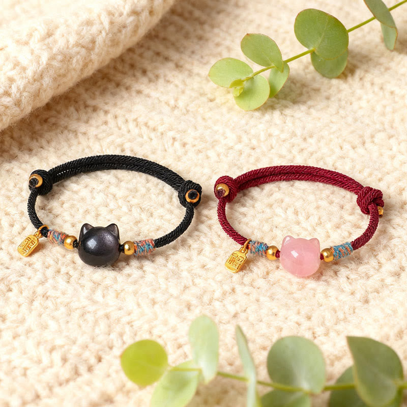 Wear FengShui Cat Fu Character Silver Sheen Obsidian Pink Crystal String Protection Bracelet