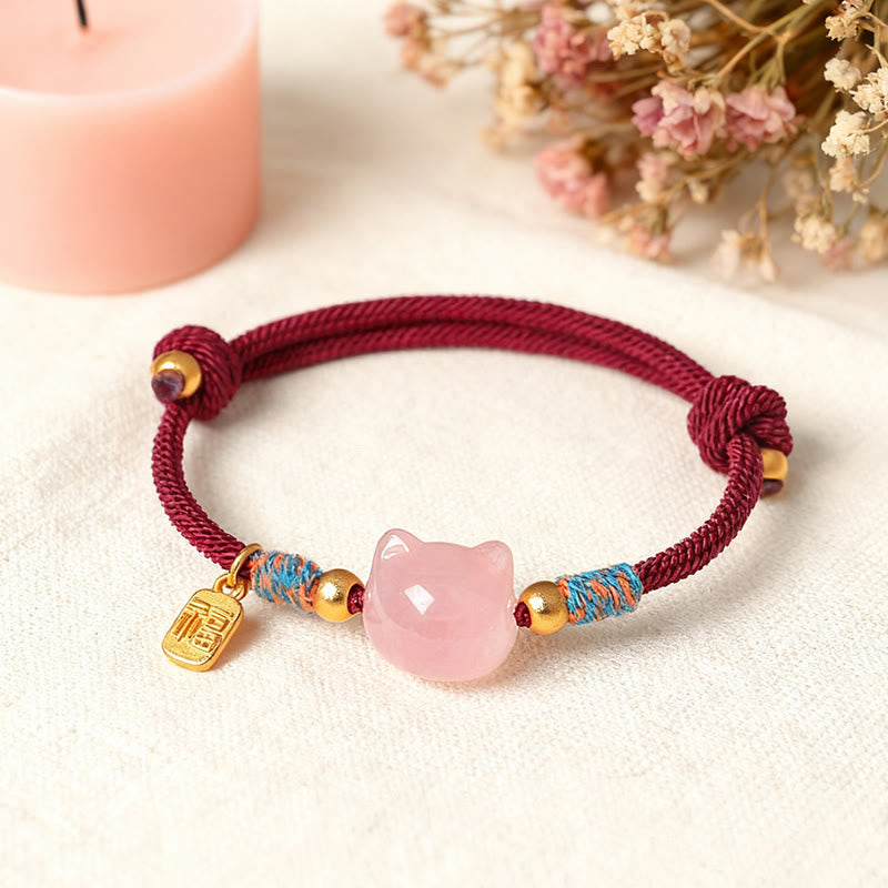 Wear FengShui Cat Fu Character Silver Sheen Obsidian Pink Crystal String Protection Bracelet