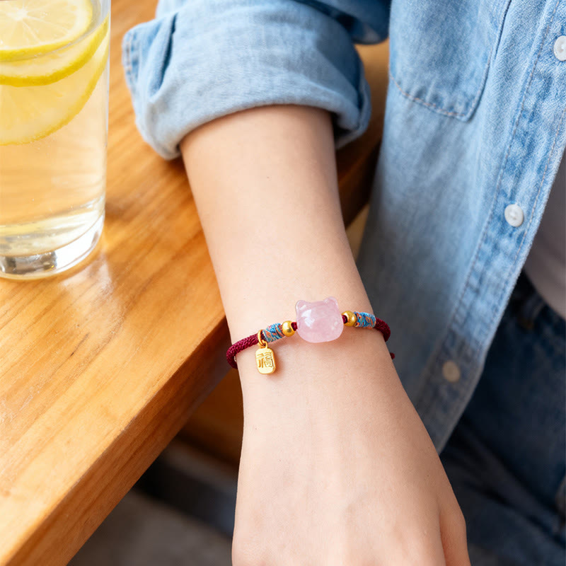 Wear FengShui Cat Fu Character Silver Sheen Obsidian Pink Crystal String Protection Bracelet