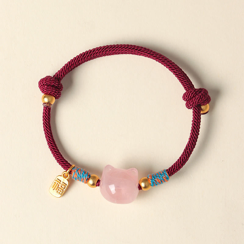 Wear FengShui Cat Fu Character Silver Sheen Obsidian Pink Crystal String Protection Bracelet
