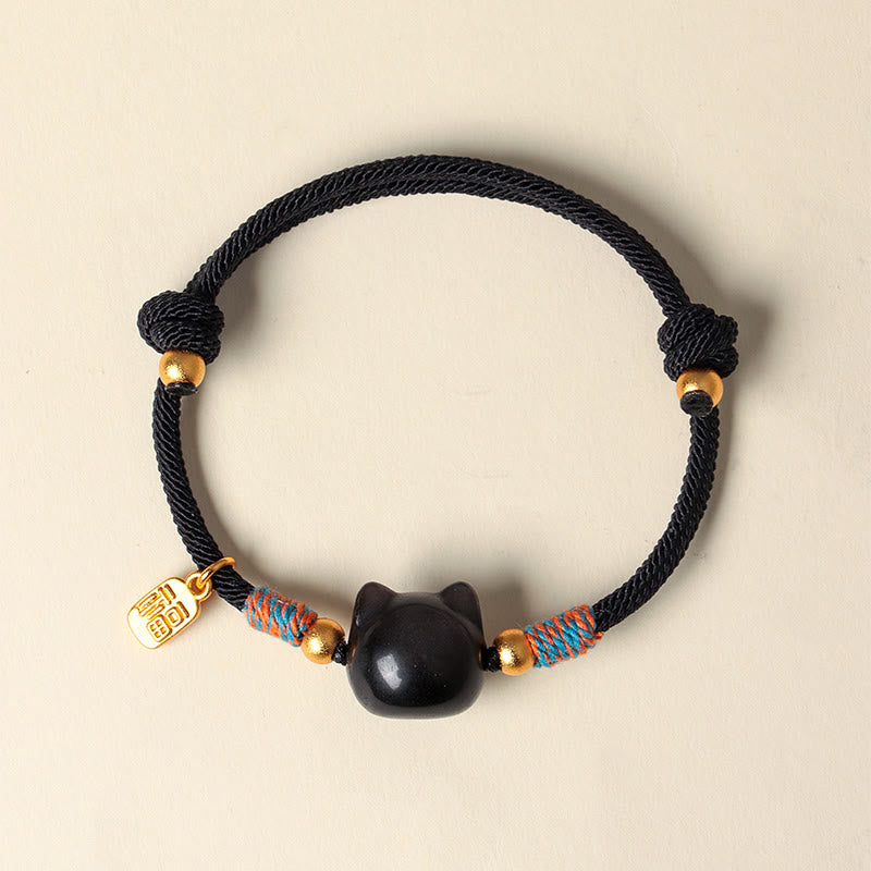 Wear FengShui Cat Fu Character Silver Sheen Obsidian Pink Crystal String Protection Bracelet