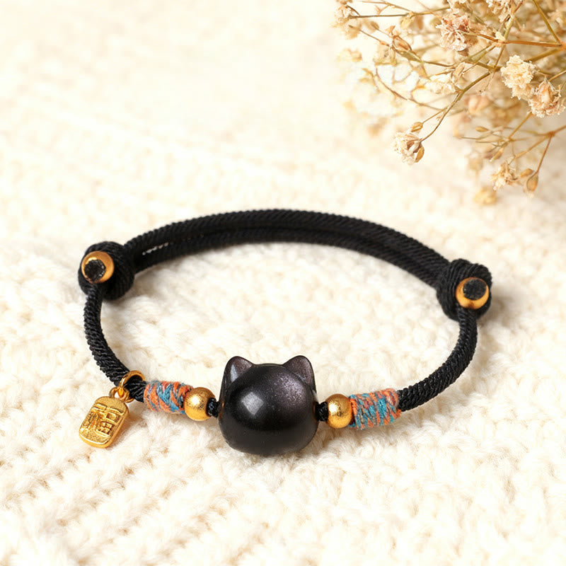 Wear FengShui Cat Fu Character Silver Sheen Obsidian Pink Crystal String Protection Bracelet