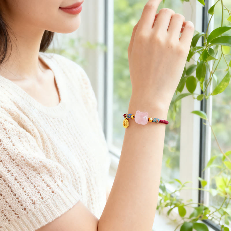 Wear FengShui Cat Fu Character Silver Sheen Obsidian Pink Crystal String Protection Bracelet