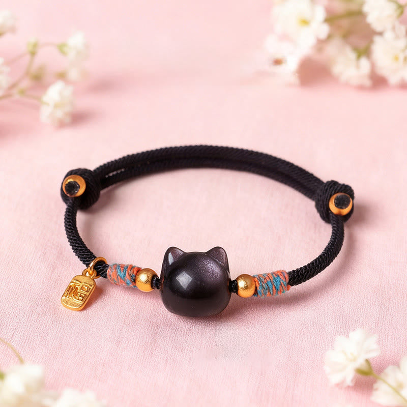 Wear FengShui Cat Fu Character Silver Sheen Obsidian Pink Crystal String Protection Bracelet