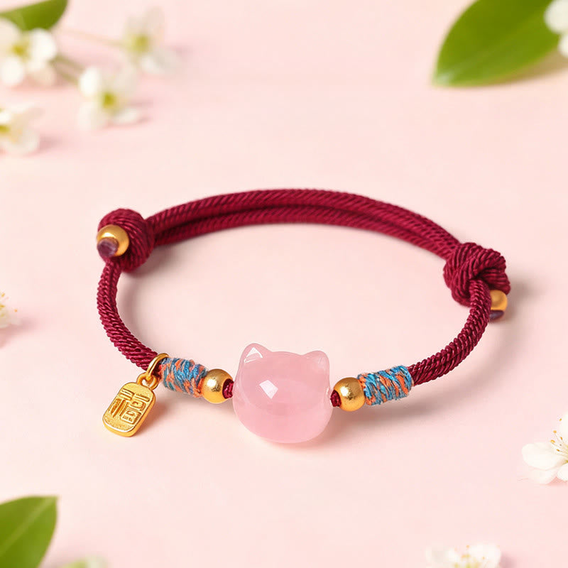 Wear FengShui Cat Fu Character Silver Sheen Obsidian Pink Crystal String Protection Bracelet