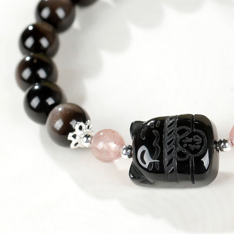 Wear FengShui Cat Silver Sheen Obsidian Strawberry Quartz Protection Bracelet