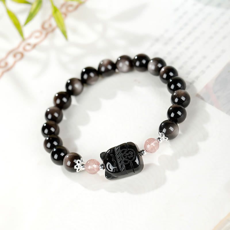 Wear FengShui Cat Silver Sheen Obsidian Strawberry Quartz Protection Bracelet