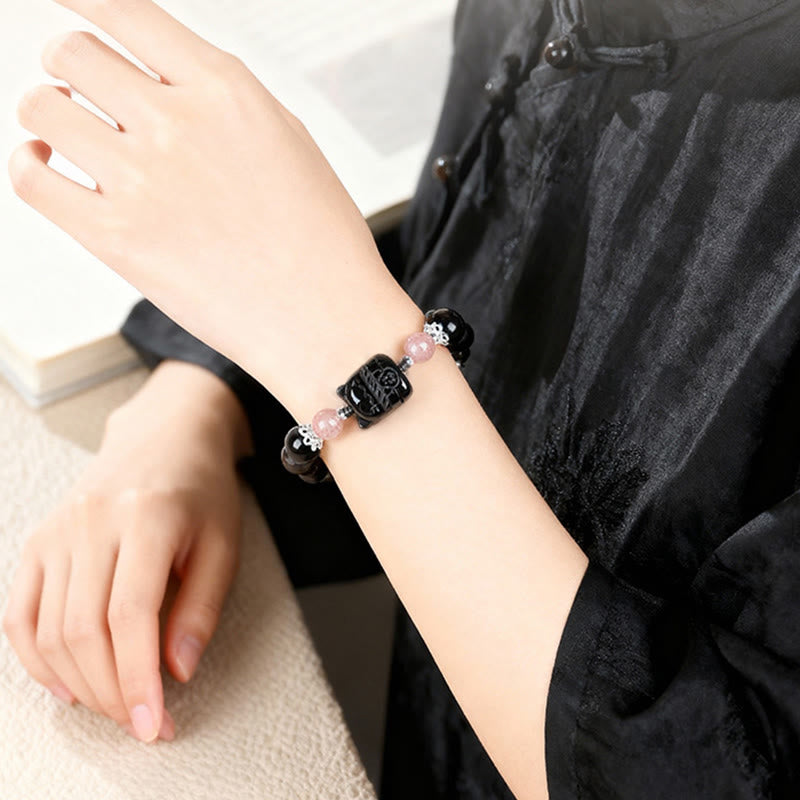 Wear FengShui Cat Silver Sheen Obsidian Strawberry Quartz Protection Bracelet