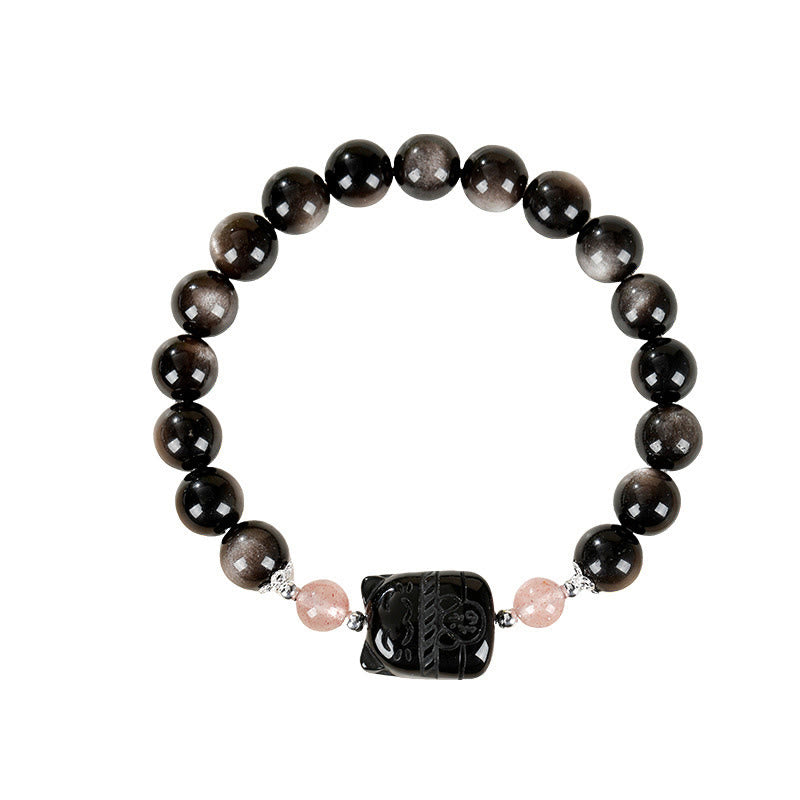 Wear FengShui Cat Silver Sheen Obsidian Strawberry Quartz Protection Bracelet