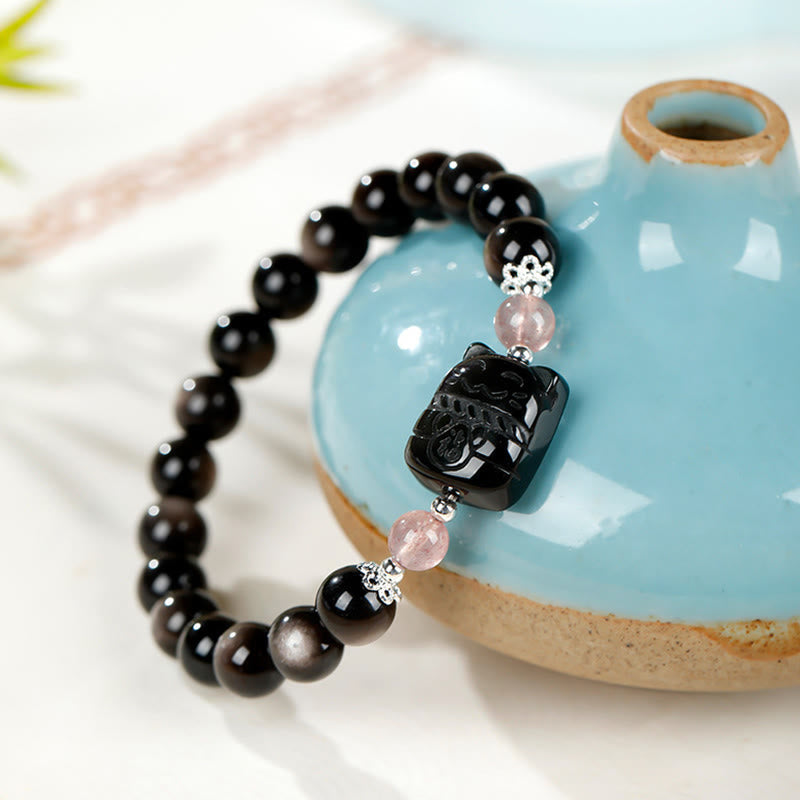 Wear FengShui Cat Silver Sheen Obsidian Strawberry Quartz Protection Bracelet