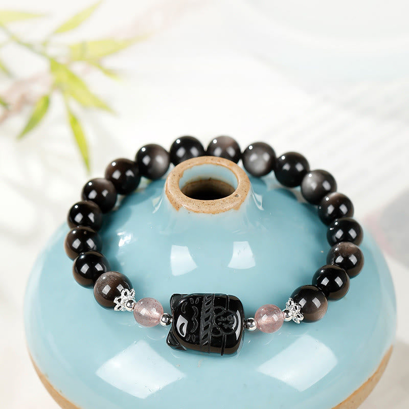 Wear FengShui Cat Silver Sheen Obsidian Strawberry Quartz Protection Bracelet