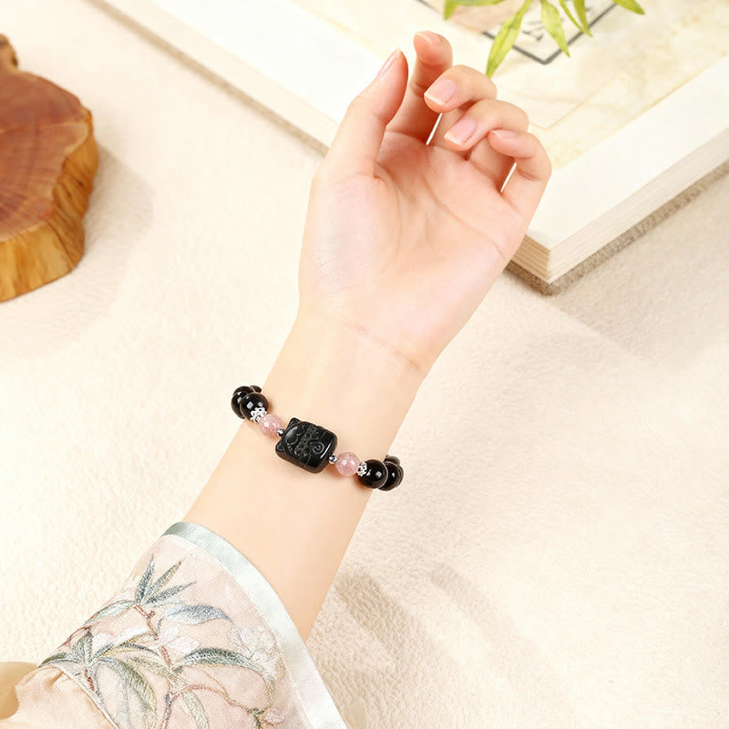 Wear FengShui Cat Silver Sheen Obsidian Strawberry Quartz Protection Bracelet