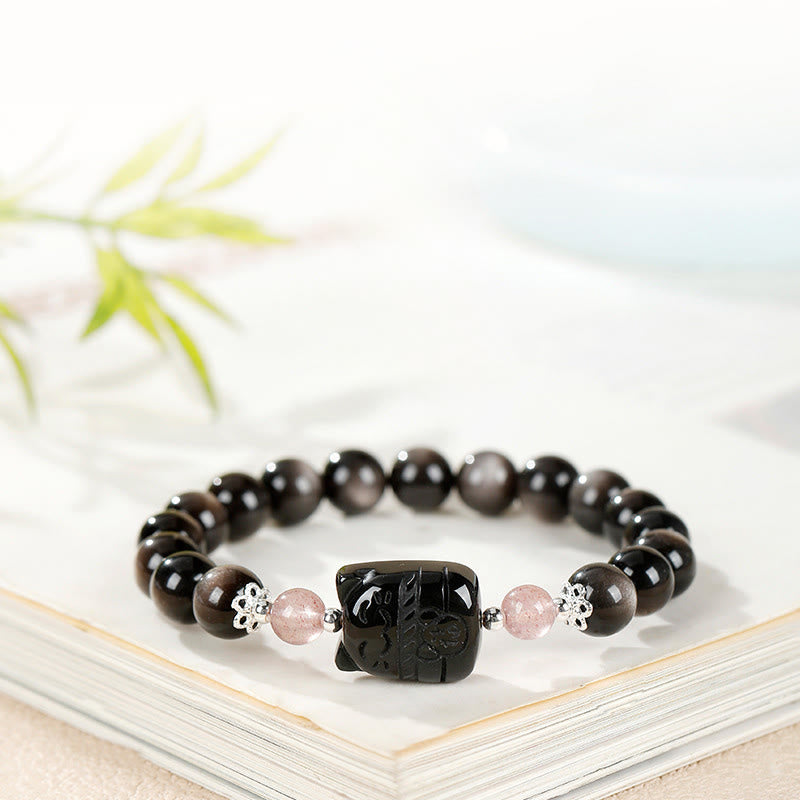 Wear FengShui Cat Silver Sheen Obsidian Strawberry Quartz Protection Bracelet