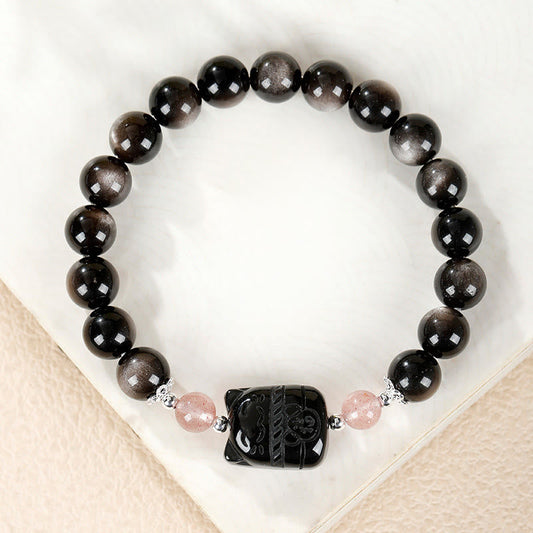Wear FengShui Cat Silver Sheen Obsidian Strawberry Quartz Protection Bracelet