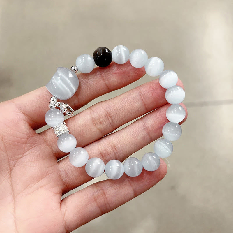 Wear FengShui Cat Head White Cat's Eye Silver Sheen Obsidian Positive Bracelet