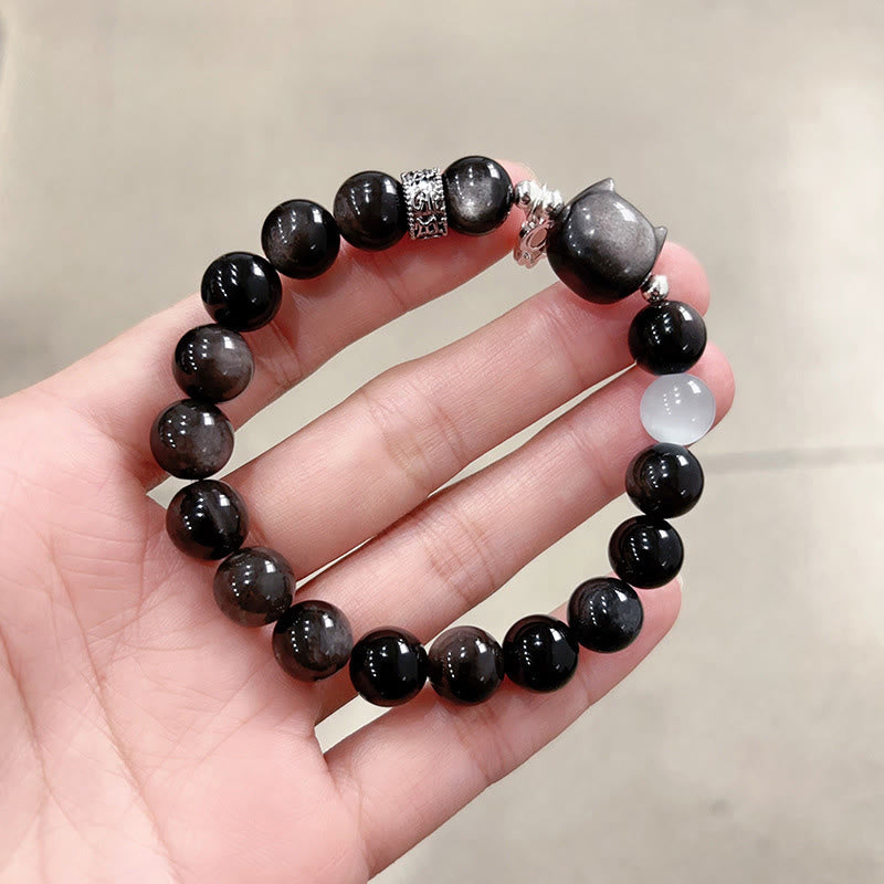 Wear FengShui Cat Head White Cat's Eye Silver Sheen Obsidian Positive Bracelet