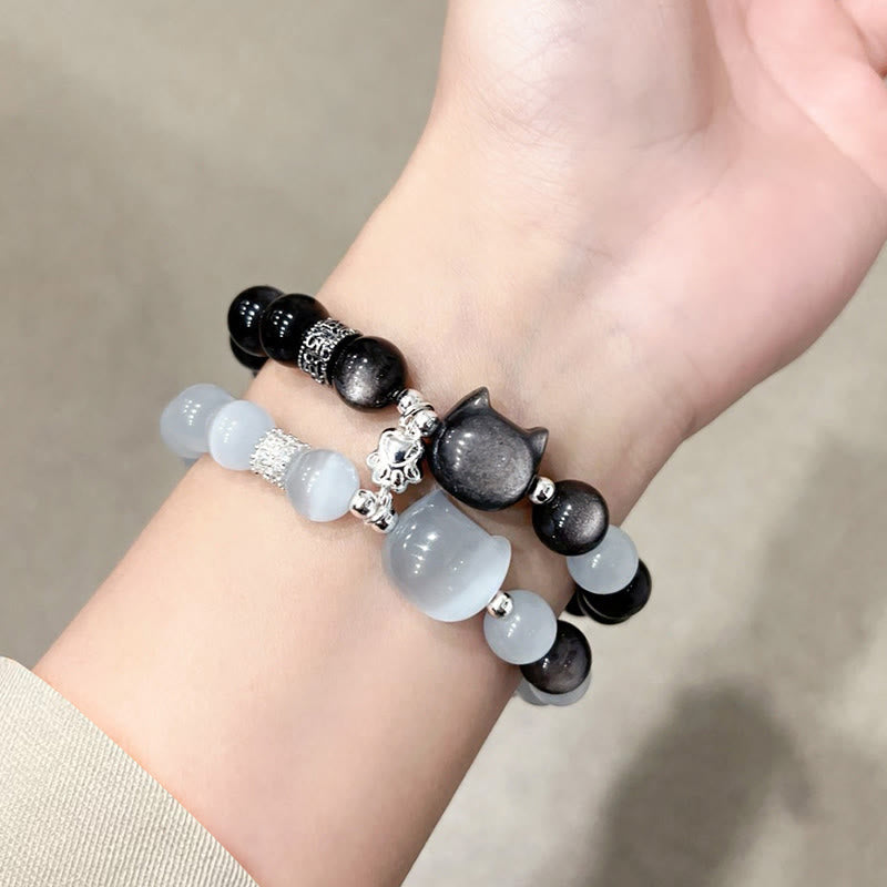 Wear FengShui Cat Head White Cat's Eye Silver Sheen Obsidian Positive Bracelet