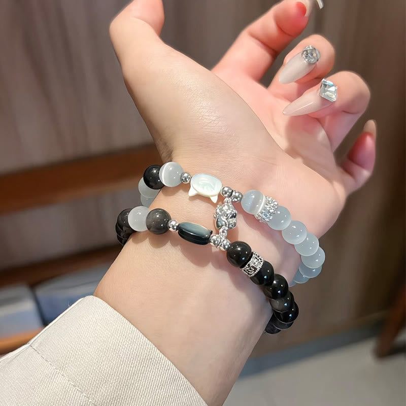 Wear FengShui Cat Head White Cat's Eye Silver Sheen Obsidian Positive Bracelet