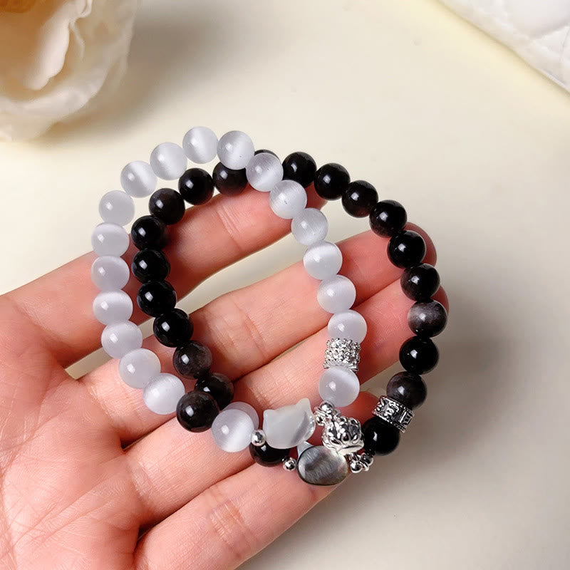 Wear FengShui Cat Head White Cat's Eye Silver Sheen Obsidian Positive Bracelet