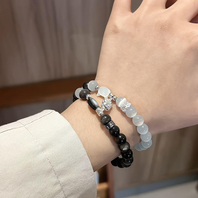 Wear FengShui Cat Head White Cat's Eye Silver Sheen Obsidian Positive Bracelet