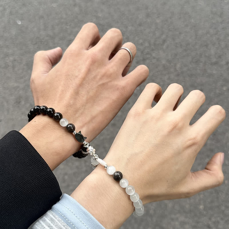Wear FengShui Cat Head White Cat's Eye Silver Sheen Obsidian Positive Bracelet