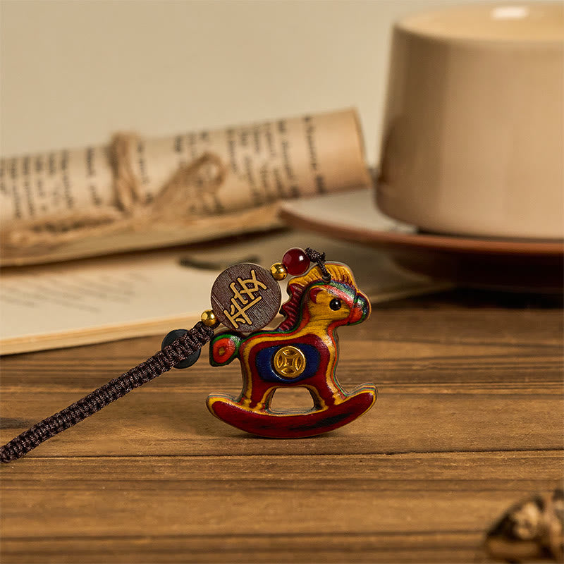 Wear FengShui Year of the Horse Rainbow Eucalyptus Small Leaf Red Sandalwood Linden Wood Ebony Carved Positive Key Chain