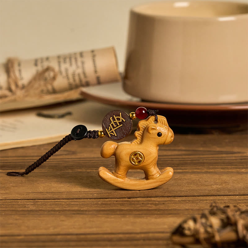 Wear FengShui Year of the Horse Rainbow Eucalyptus Small Leaf Red Sandalwood Linden Wood Ebony Carved Positive Key Chain