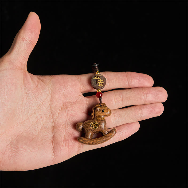 Wear FengShui Year of the Horse Rainbow Eucalyptus Small Leaf Red Sandalwood Linden Wood Ebony Carved Positive Key Chain