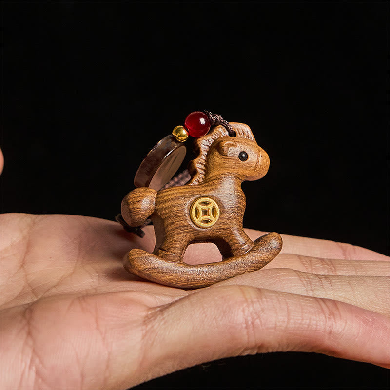 Wear FengShui Year of the Horse Rainbow Eucalyptus Small Leaf Red Sandalwood Linden Wood Ebony Carved Positive Key Chain